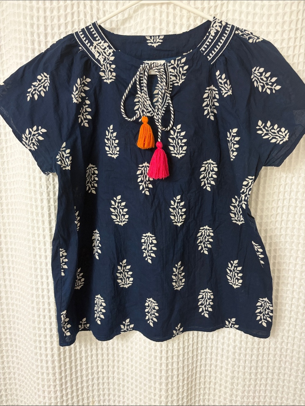 THML Top Womens Medium Navy Floral Embroidered Tassel Tie Blouse